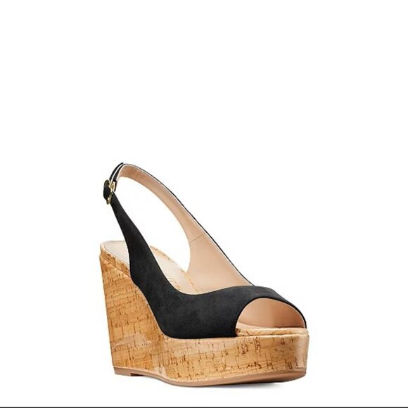 Stuart Weitzman Riveria Platform Wedge Suede Sandals Black Size 8.5 - Picture 2 of 10